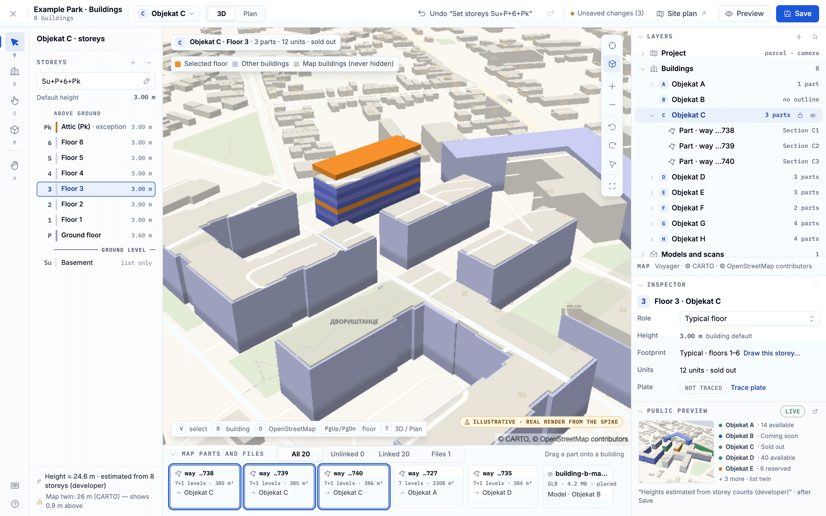 The 3D Buildings Studio in the staff admin: a project’s buildings raised on the map, storey by storey.