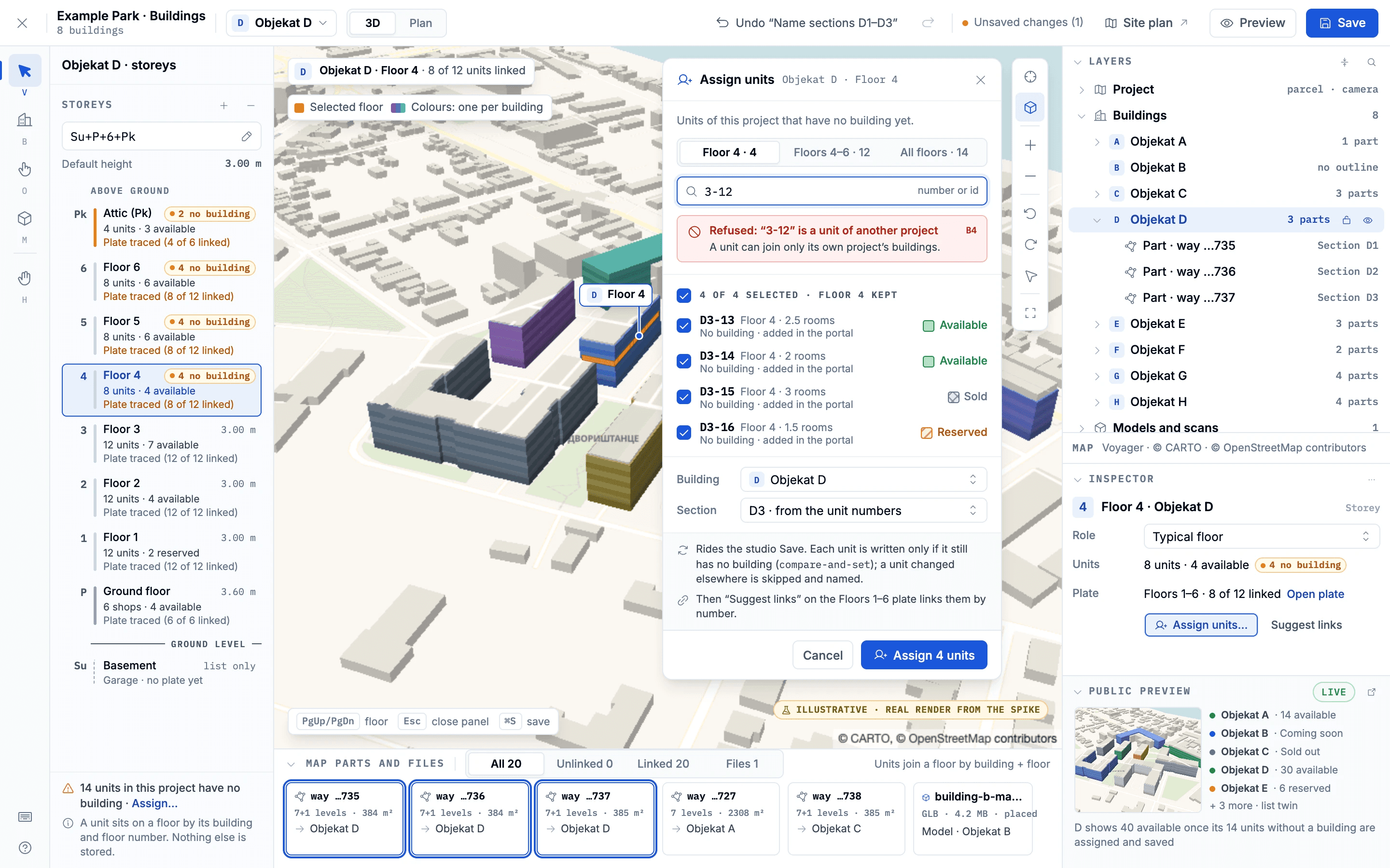 Assigning units to a storey: four units of one floor joined to their building, and a unit of another project refused.