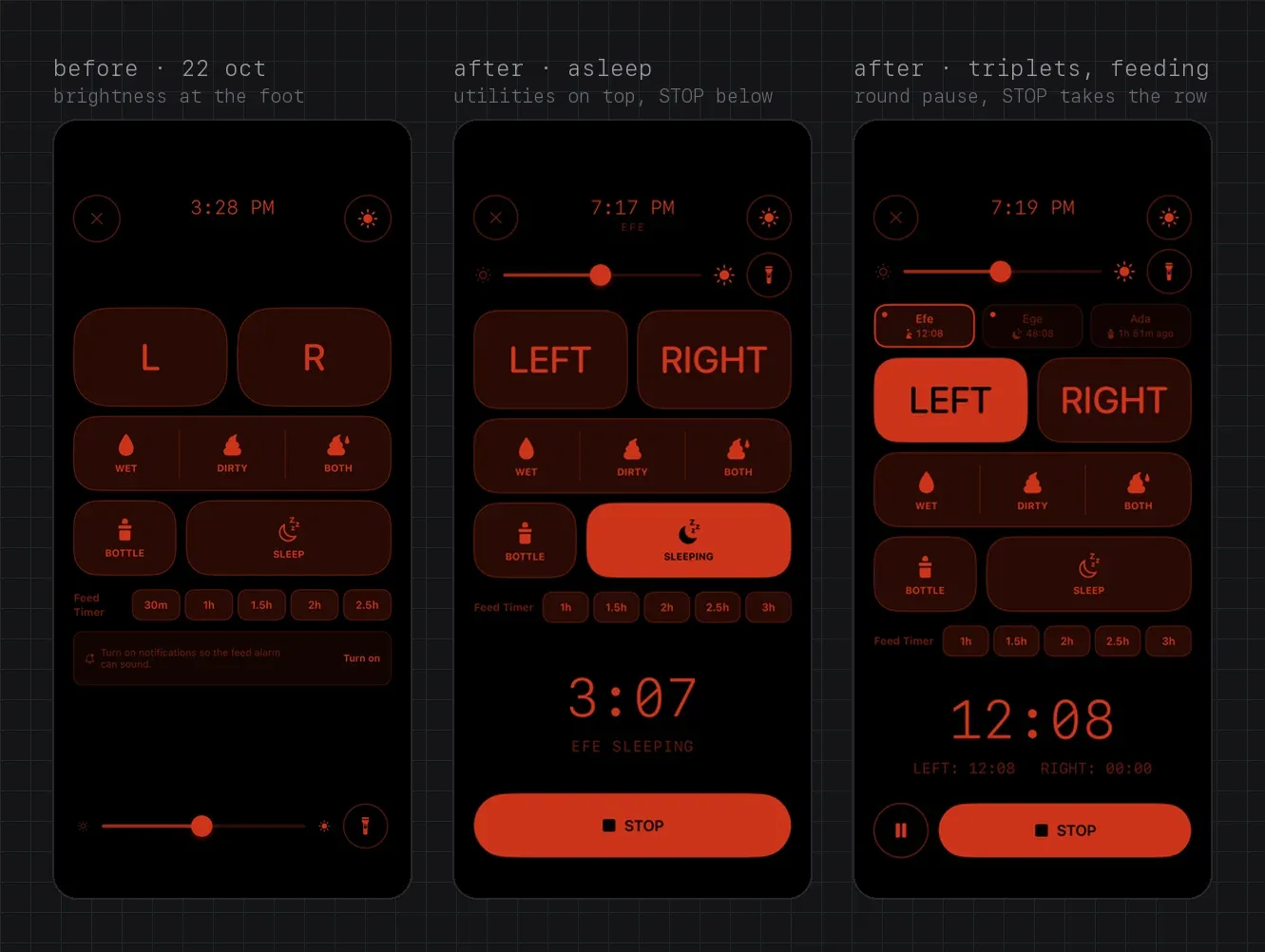 Before and after, night look, on an iPhone 17. Before, idle: brightness and flashlight at the foot of the screen, the Feed Timer and a notifications banner above them. After, asleep: brightness and flashlight under the header, a red SLEEPING tile, and one wide STOP at the bottom. After, triplets feeding: three baby chips over the grid, LEFT and RIGHT as words, a round Pause and a wide STOP.