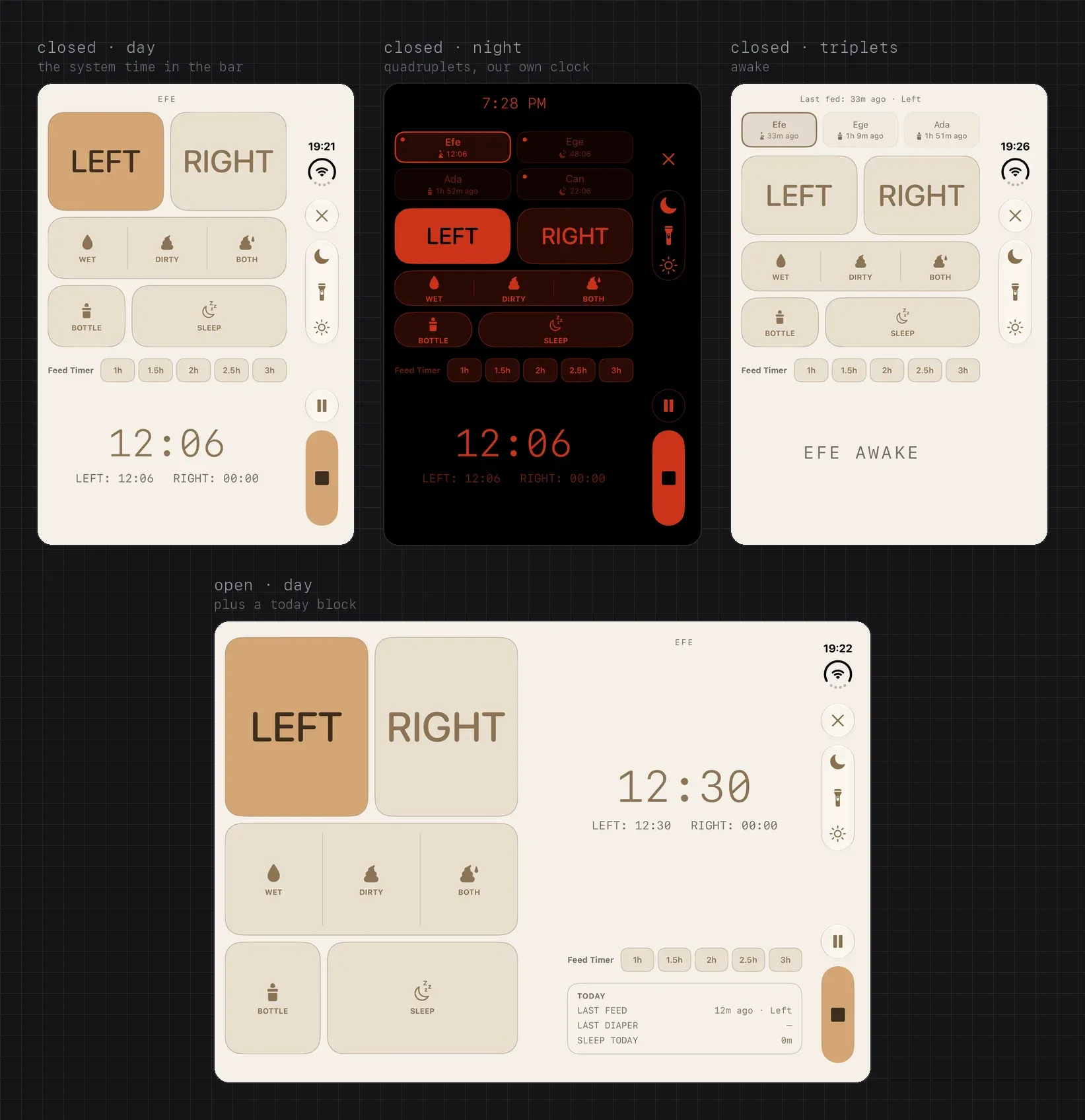 iPhone Duo, closed and open. Closed by day: the grid in the content, the system time and Close, theme, torch, brightness, Pause and a tall STOP in the side bar. Closed at night with quadruplets: red on black, the Log’s own clock. Closed with triplets, awake. Open by day: LEFT and RIGHT on the first page; the timer, the Feed Timer and a Today block on the second; the bar on the right.