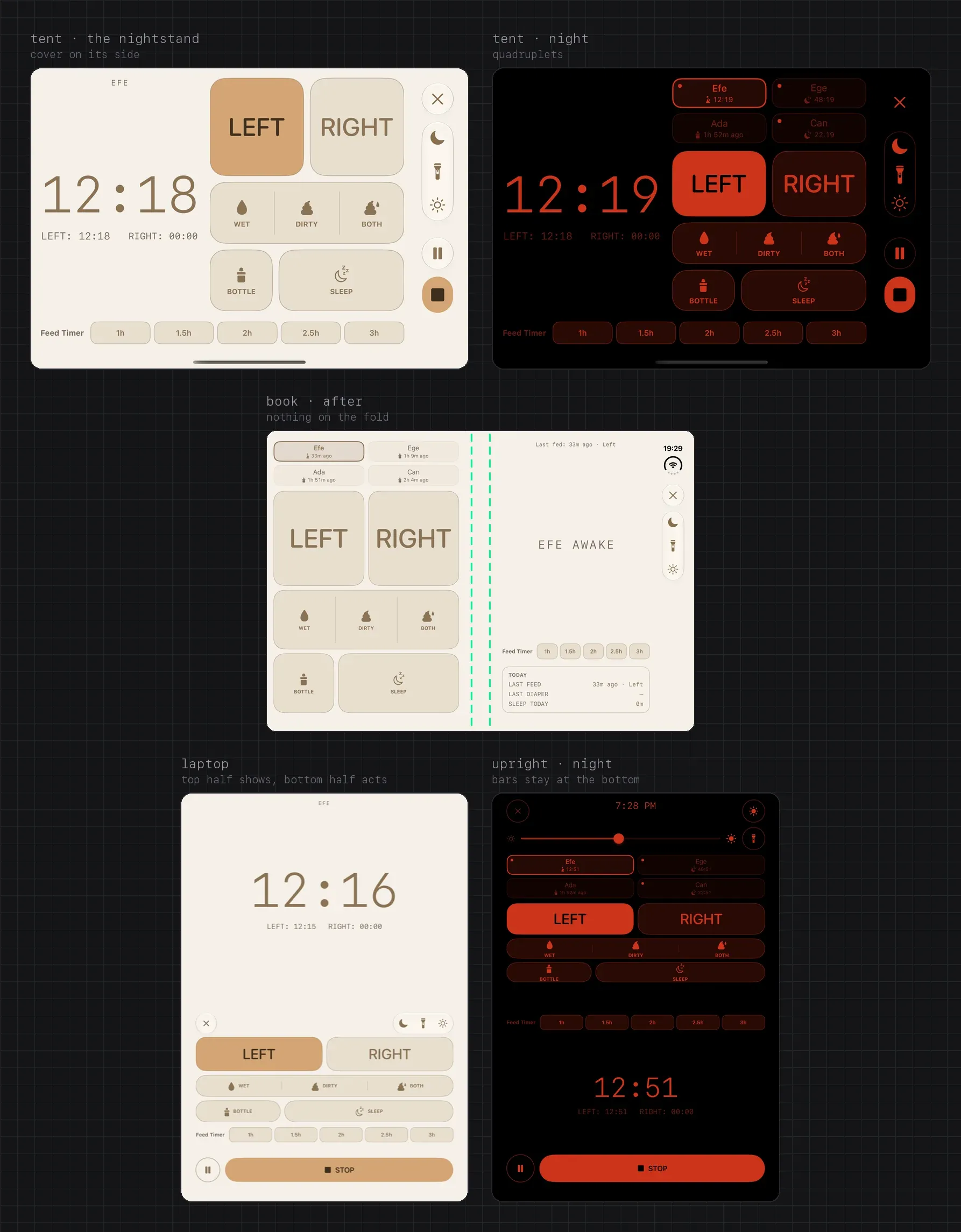 iPhone Duo poses. Tent by day and at night with quadruplets: a big timer beside the grid. Book: the open layout with dashed lines marking the fold, nothing on it. Laptop: the timer alone in the upper half, every control in the lower half. Upright at night with quadruplets: the phone layout, bars at the bottom.