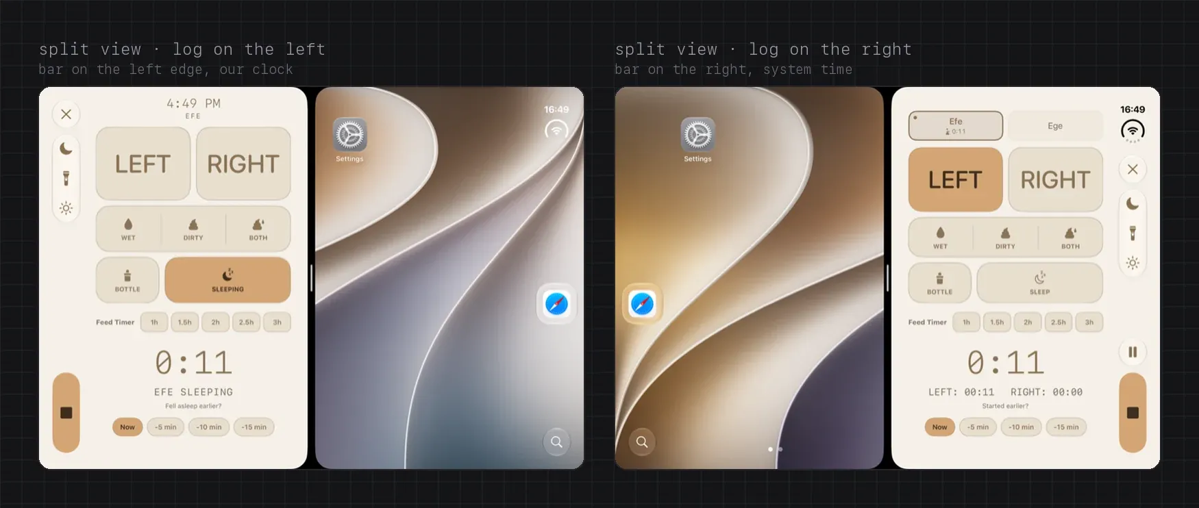 Split View on the Duo’s inner display. Log on the left: its bar on the left edge and its own clock. Log on the right: the bar on the right edge with the system time.