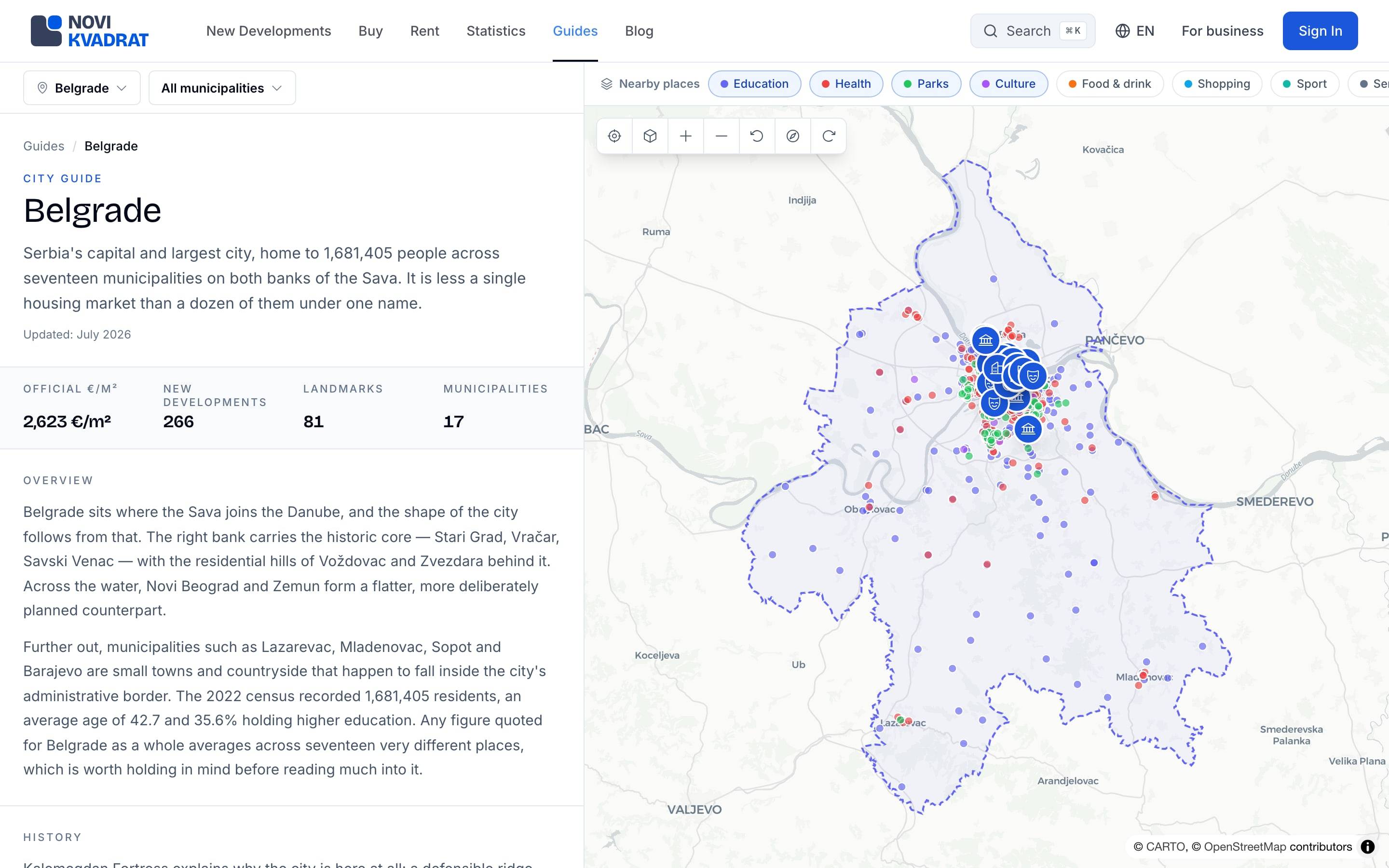 A city guide on a desktop browser: Belgrade’s overview and figures beside its map.