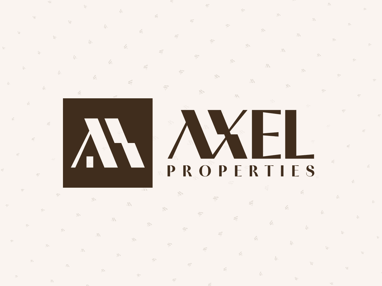 The Axel Properties lockup, the brown square symbol beside the AXEL PROPERTIES wordmark, on cream paper scattered with the mark pattern.