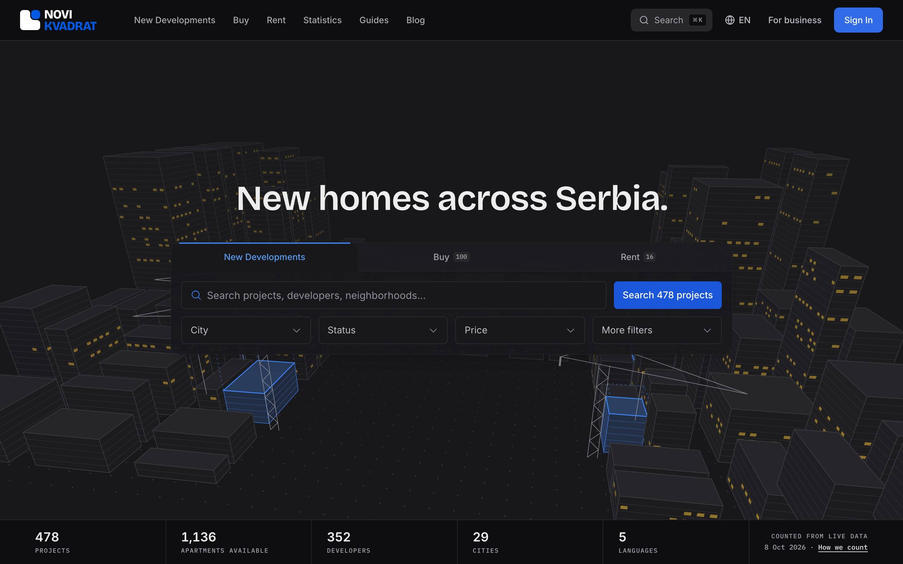 The home page in the dark theme.