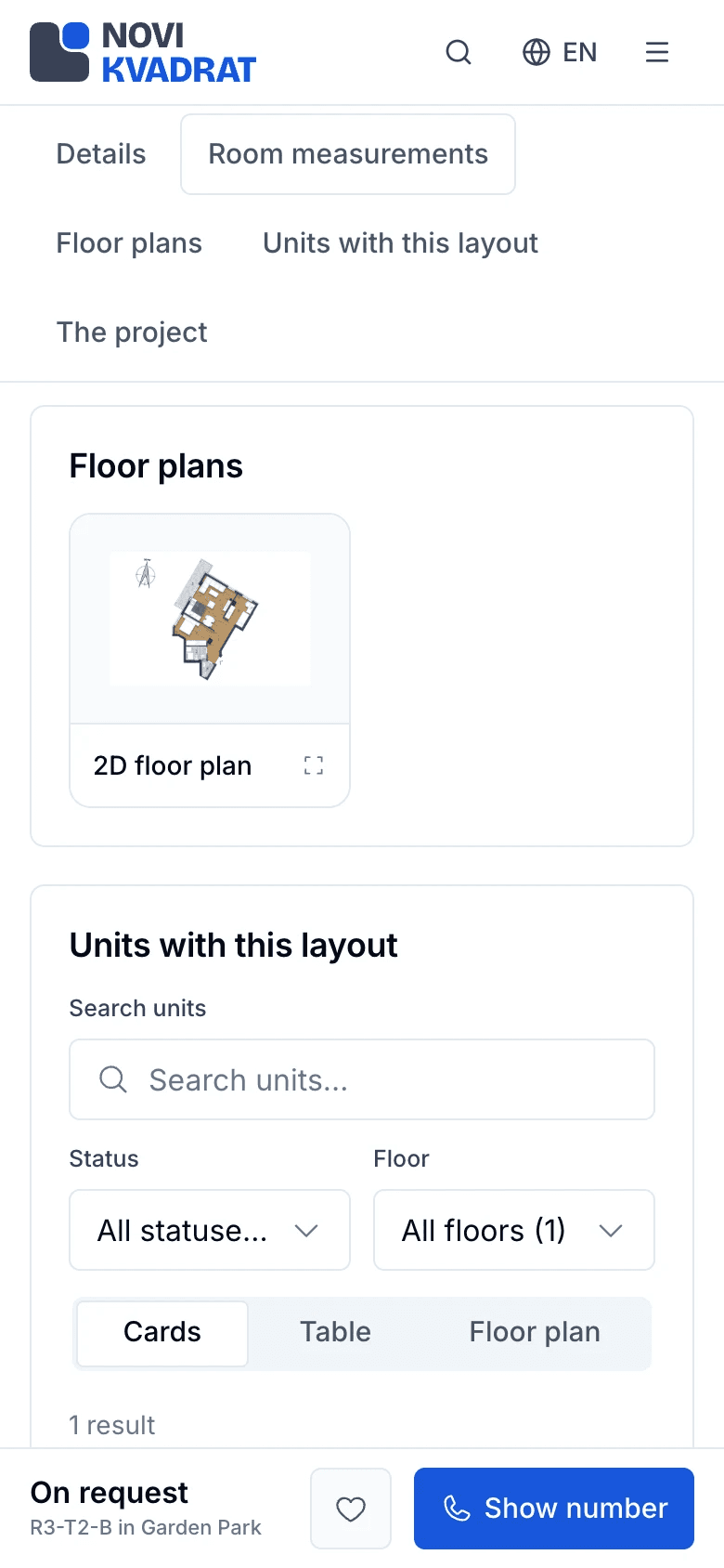 The same layout page on a phone, the floor plan first.