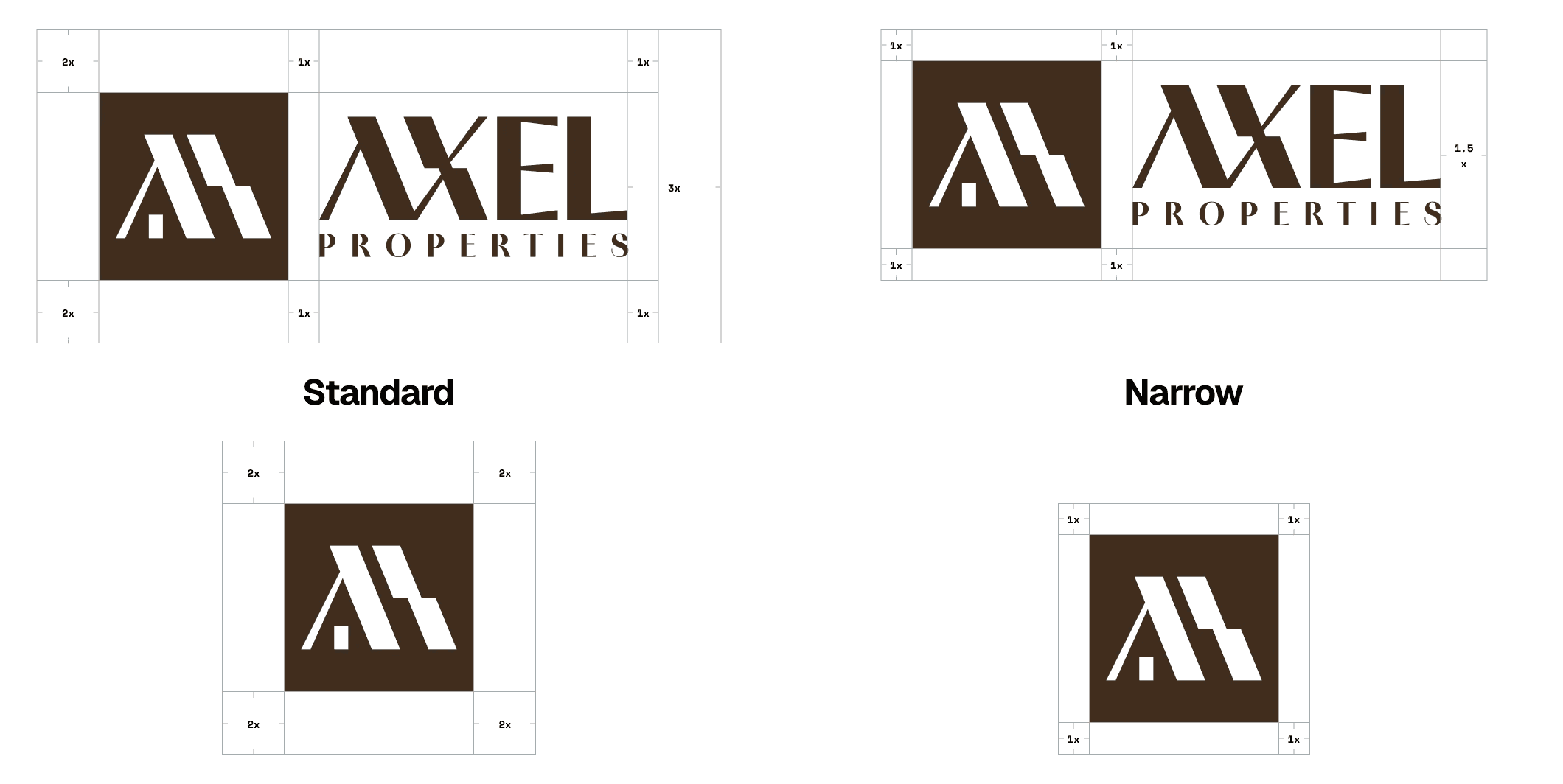 Clear-space sheet: the standard and narrow lockups and the symbol alone, with margins marked in x units (1x, 2x, 3x).