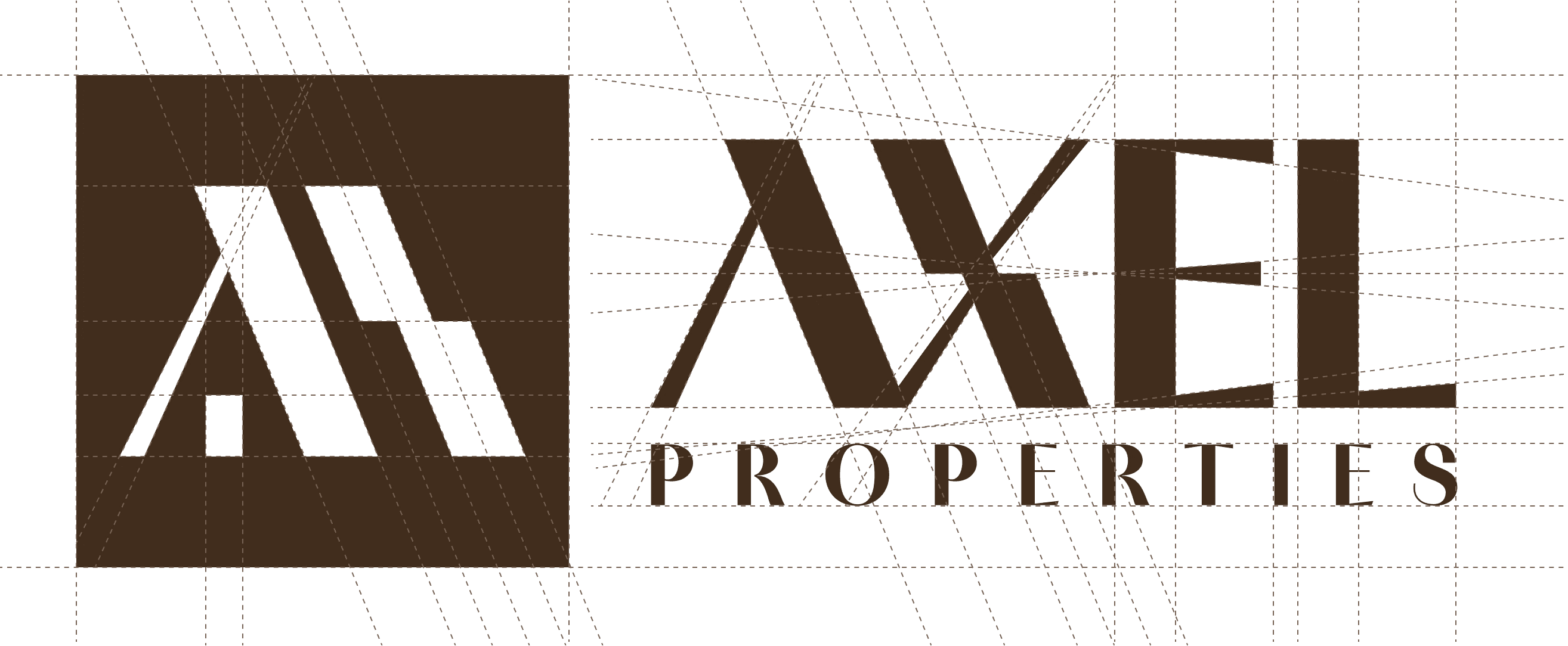 Construction sheet: the symbol and the wordmark over their dashed guide grid.