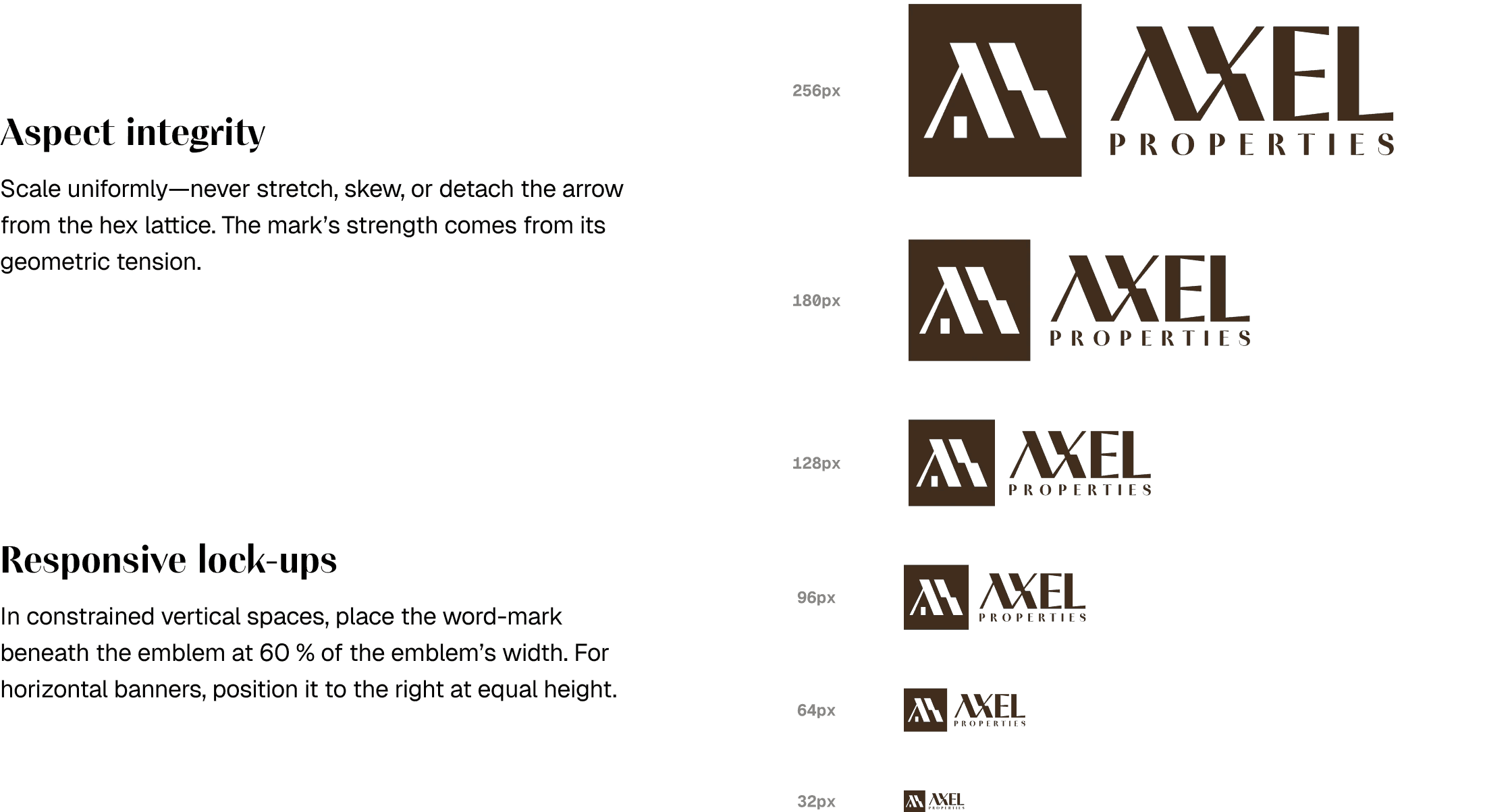 Scale sheet: the lockup at 256, 180, 128, 96, 64 and 32 pixels, with the aspect-integrity and responsive lock-up rules.
