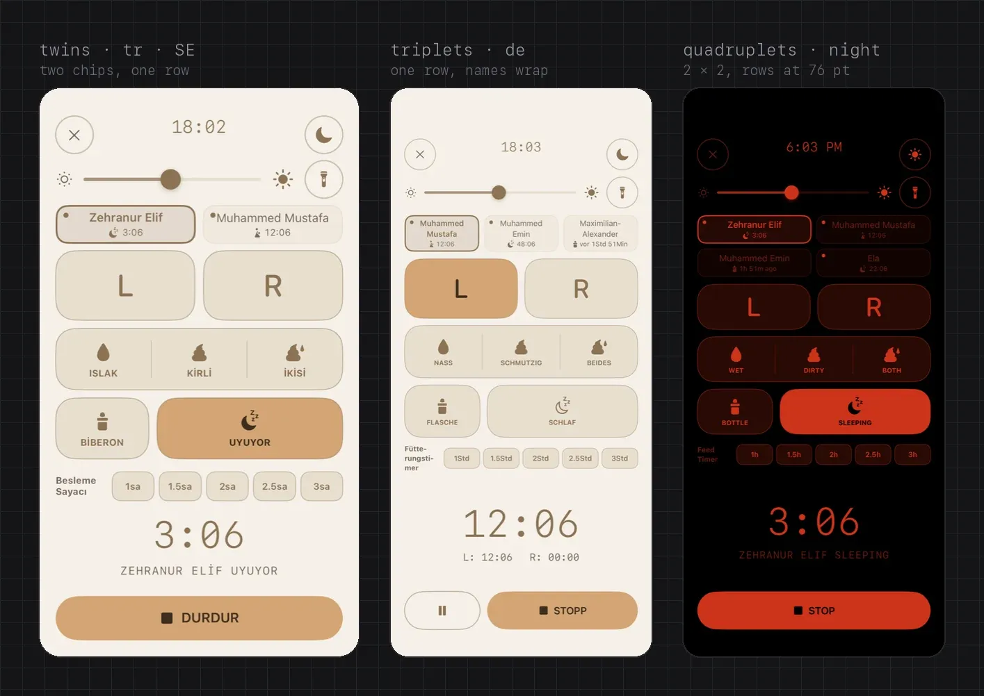 Multiples. An iPhone SE in Turkish with twins and long names. An iPhone 17 Pro Max in German with triplets in one row, the long names wrapping to two lines. A Pro Max at night with quadruplets in a 2 × 2 grid and shorter rows.