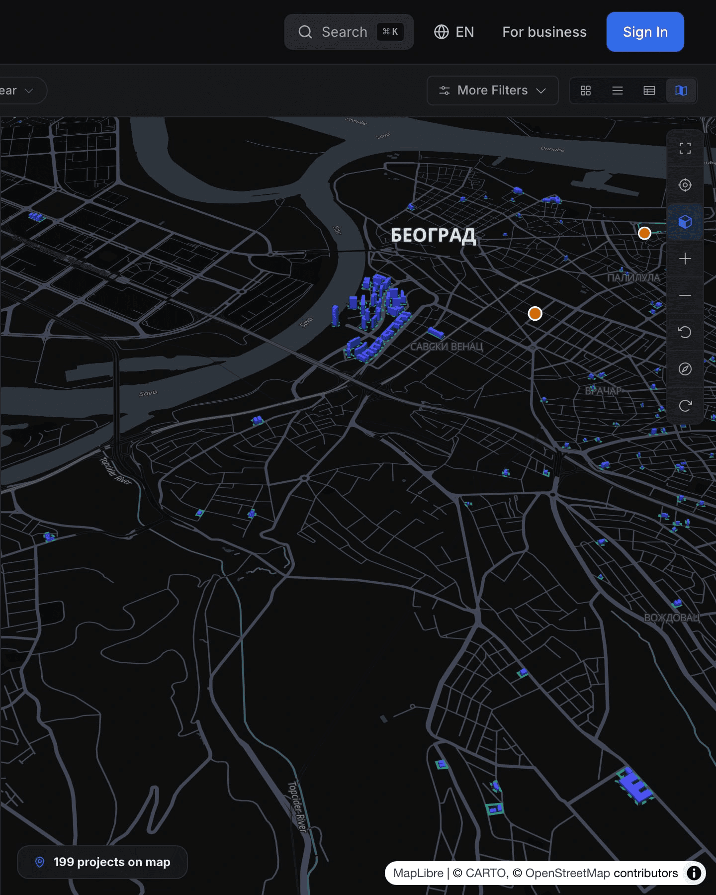 The new-developments map in the dark theme.