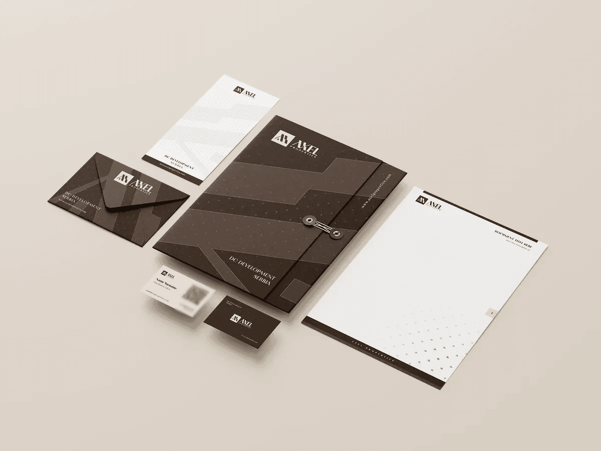 Stationery: an envelope, a folder, a letterhead and business cards in brown and cream.