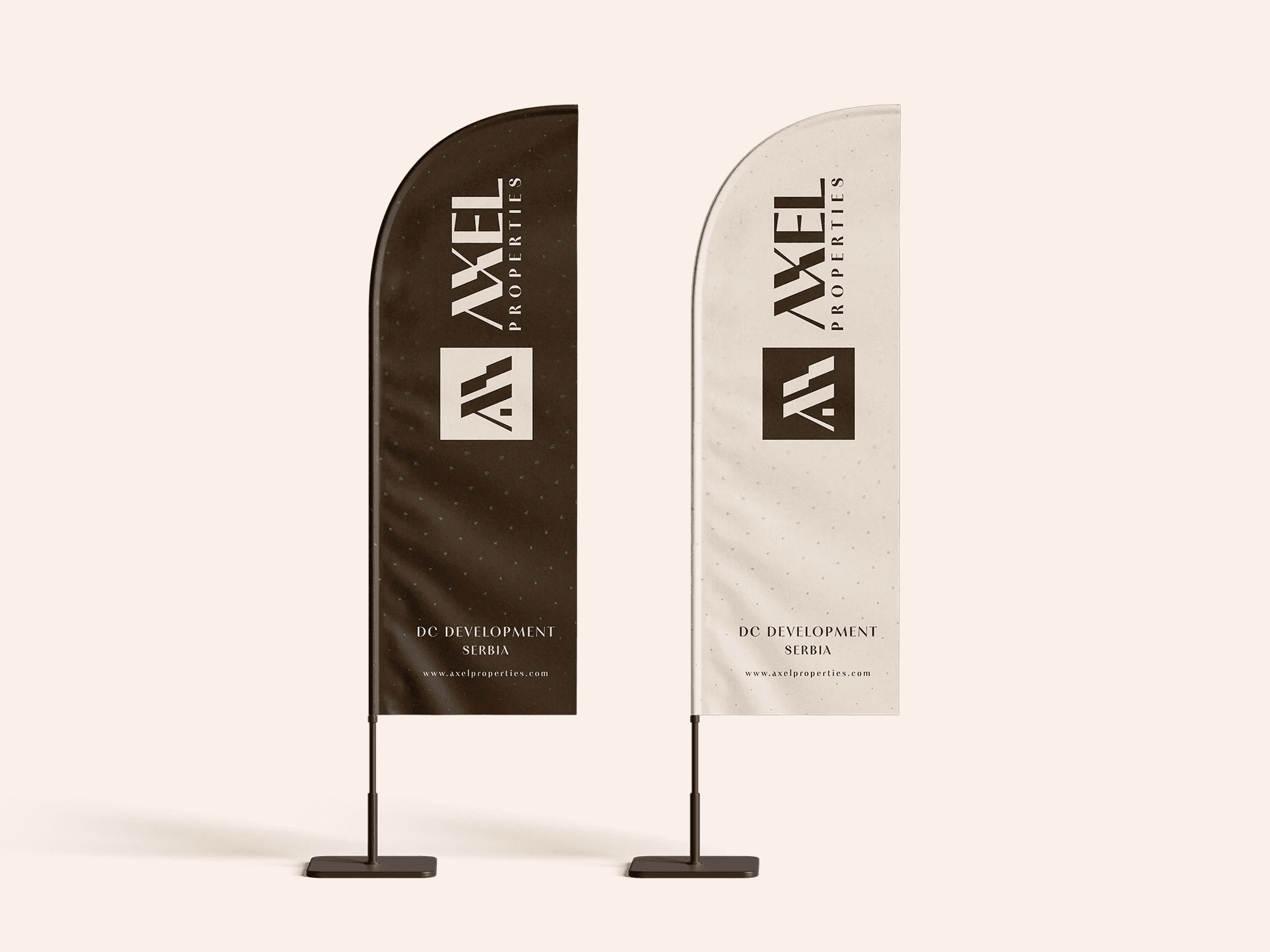 Two feather flags, one brown and one cream, with the vertical lockup.