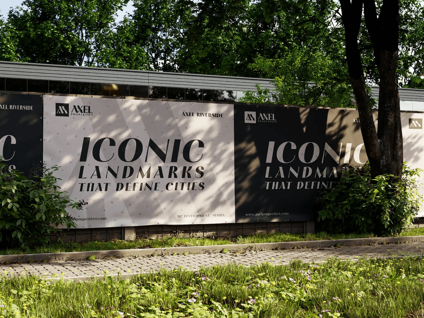 Site hoarding along a pavement: cream and brown panels with the campaign headline under trees.
