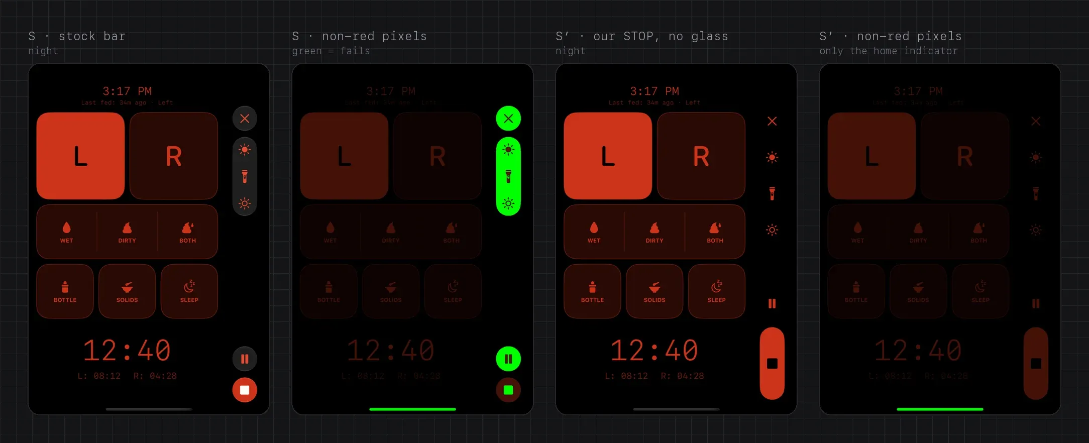 The side-bar test on the Duo’s cover at night. S, the stock bar, with grey glass capsules. Its mask, with every pixel that isn’t red painted green: the capsules, Pause and STOP’s white glyph. S′, our own tall STOP with no glass. Its mask: only the home indicator, which stays on screen in simulator runs, is green.