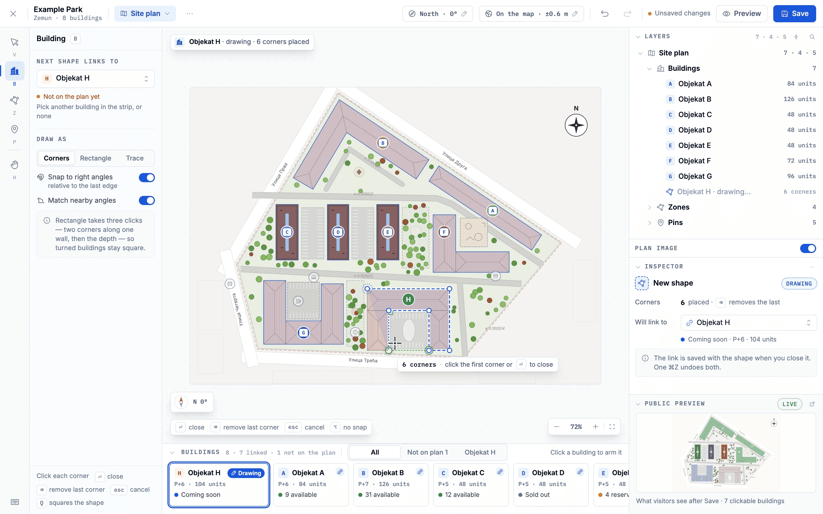 The building tool: a building traced on the site plan and linked to its record in one go.