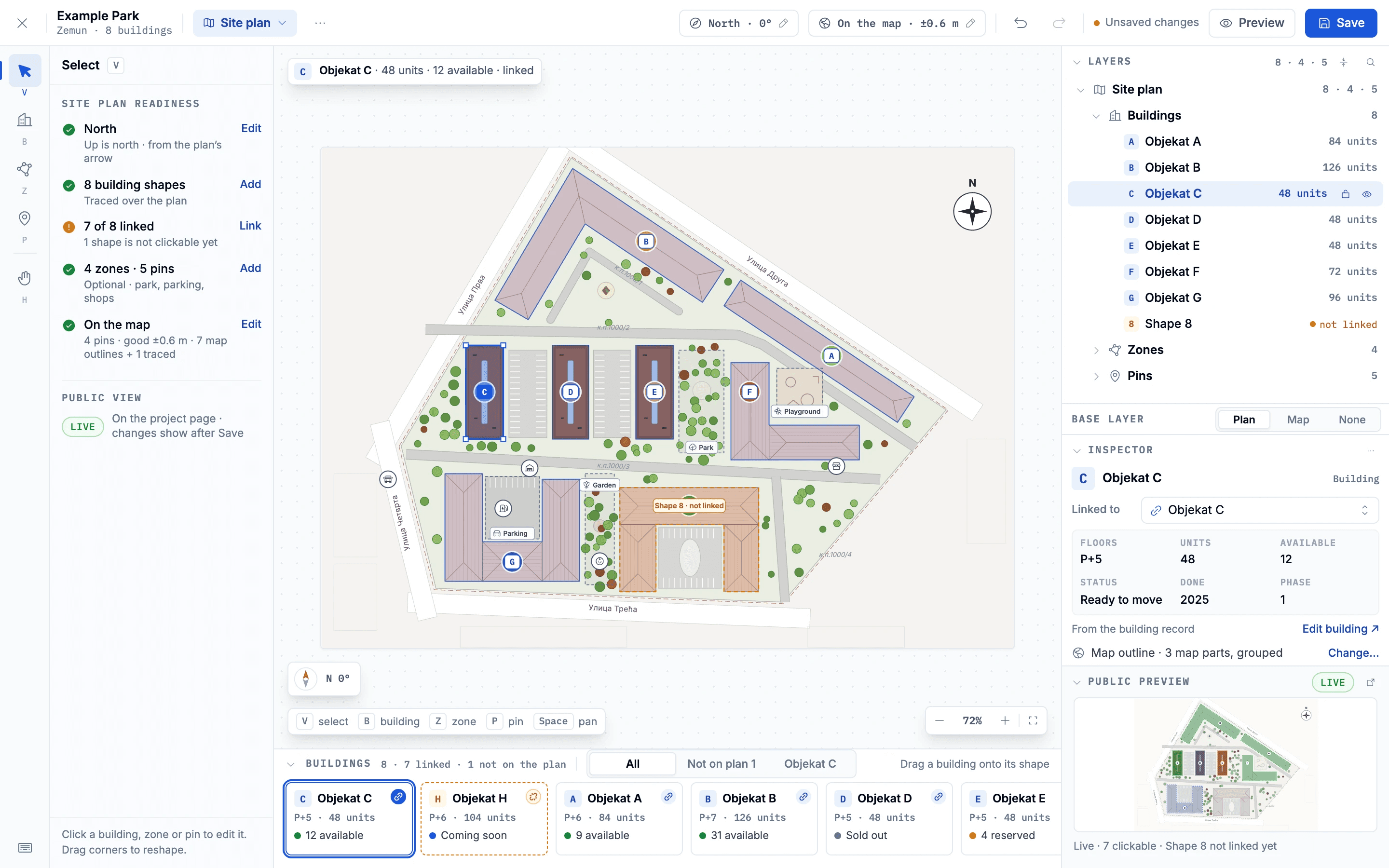 Site Plan Studio in the staff admin: a developer’s site plan with eight traced buildings, a readiness checklist down the left and the selected building’s details on the right.