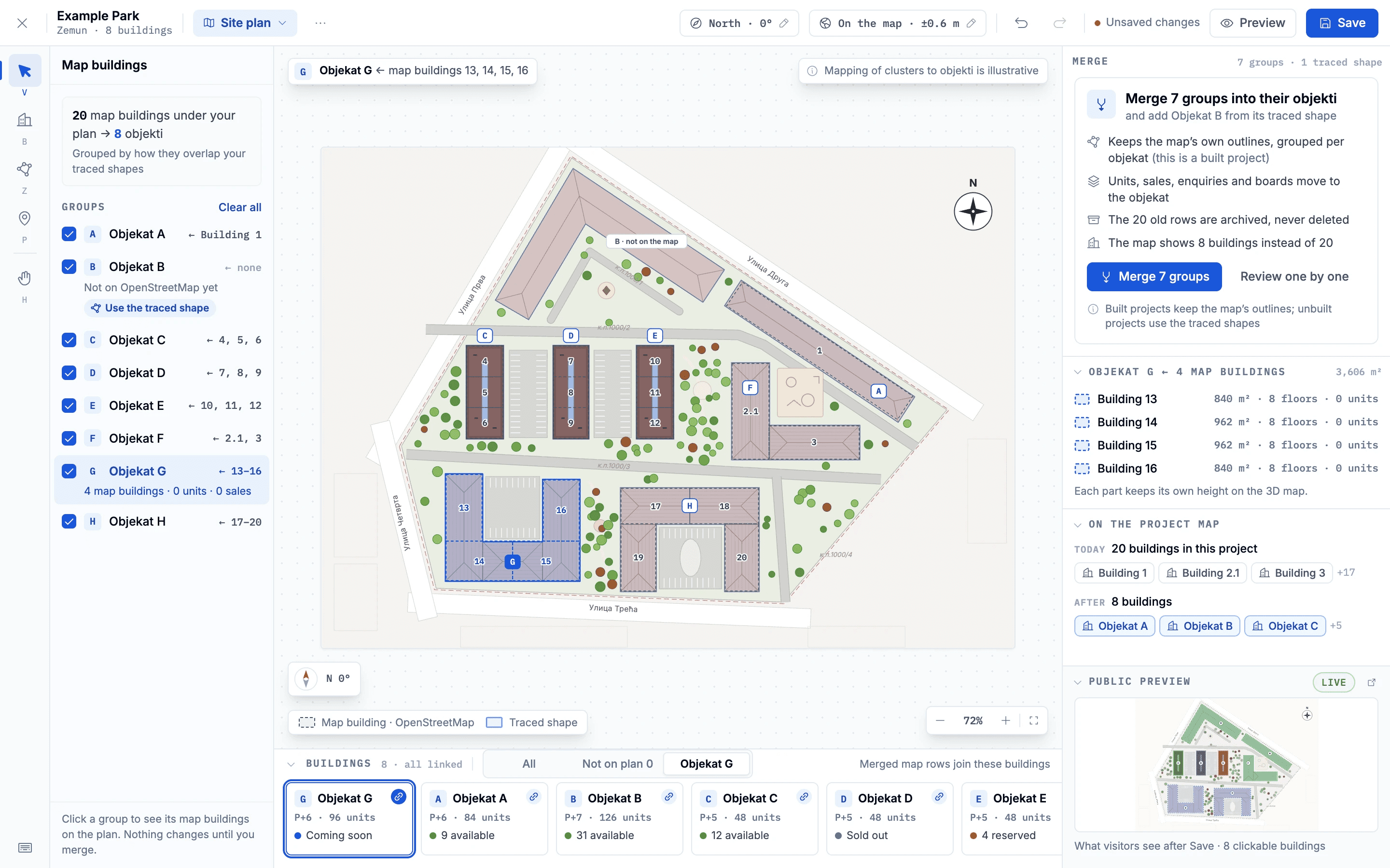 Matching the map: the map’s building outlines grouped under the developer’s eight buildings, before a merge.