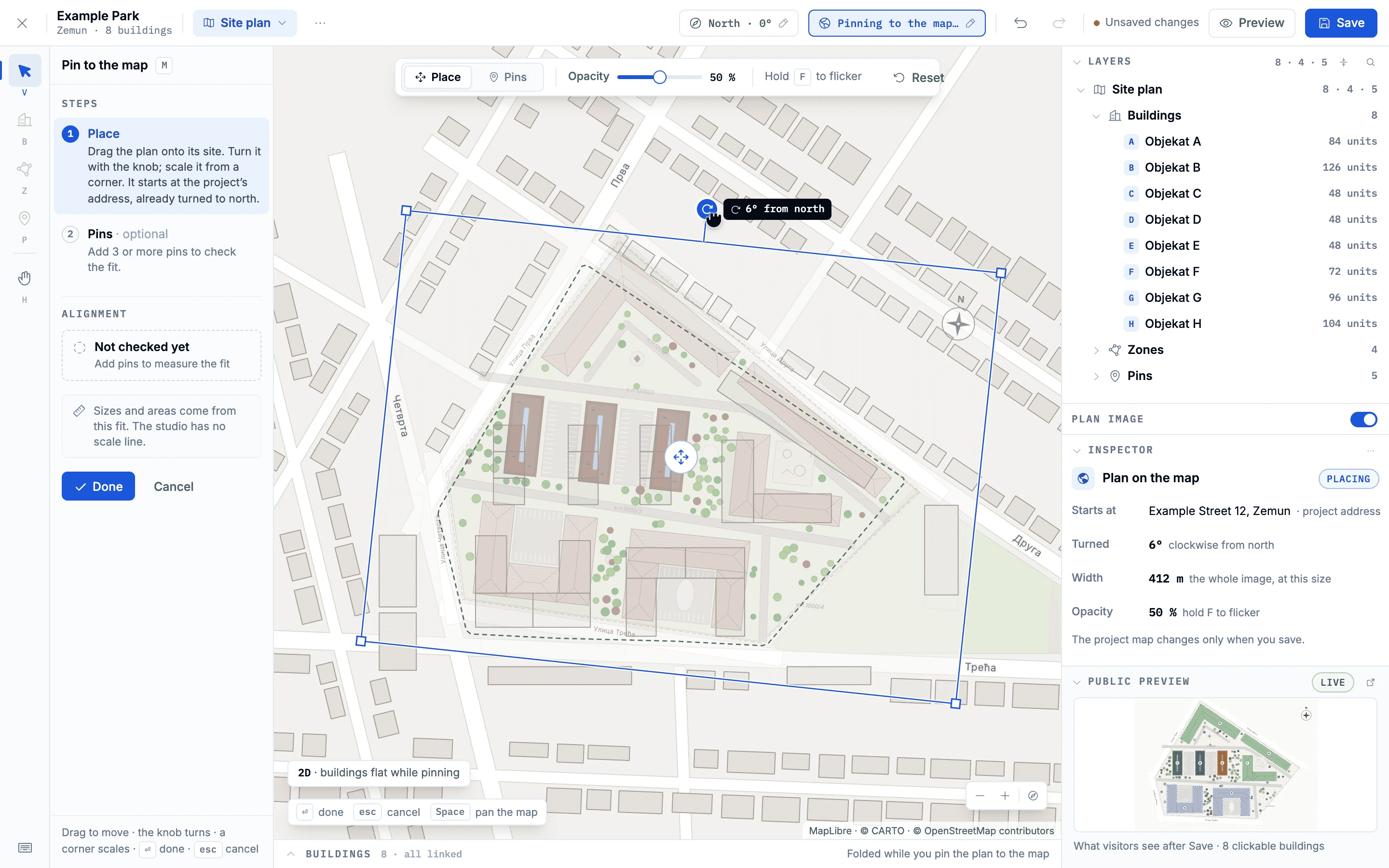 Pin to the map: the site plan laid half-transparent over the map, turned with a knob and scaled from a corner.