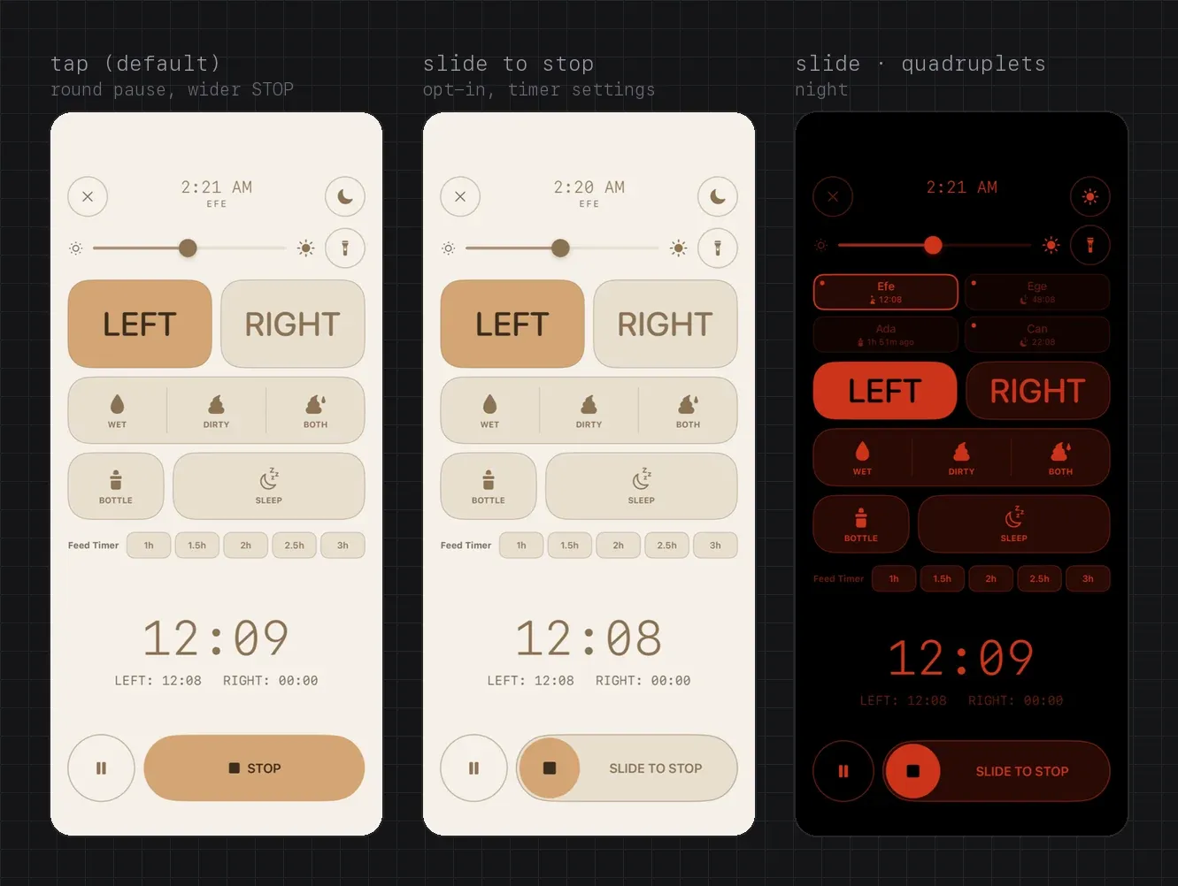 Slide to stop on an iPhone 17 Pro Max. Tap mode, the default: a round Pause and a wide STOP. Slide mode: a track reading SLIDE TO STOP with a knob at its start. Slide mode at night with quadruplets.