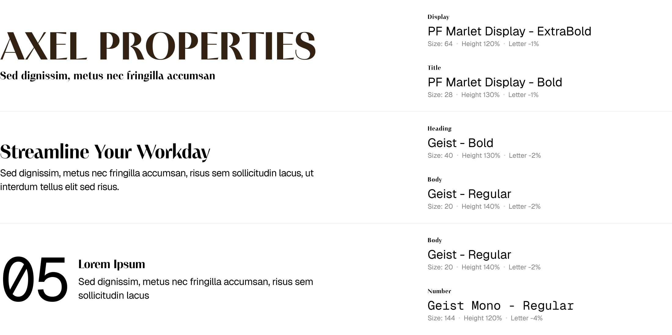 Type hierarchy sheet: AXEL PROPERTIES and a sample heading in PF Marlet Display, body text in Geist and the number 05 in Geist Mono, with sizes, line heights and letter-spacing.